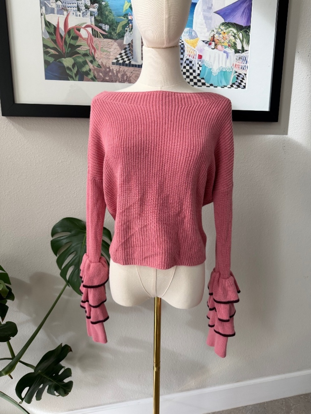 100% Cotton Statement Sleeve Pink Sweater Express Sz Small